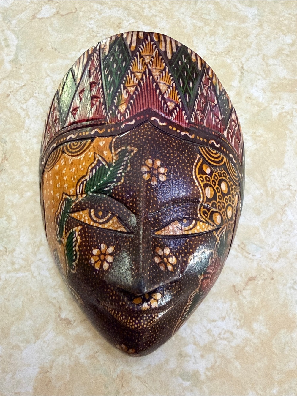 Wood Tribal Style colorful oriental style Mask, hand carved, 7 x 5 home decor